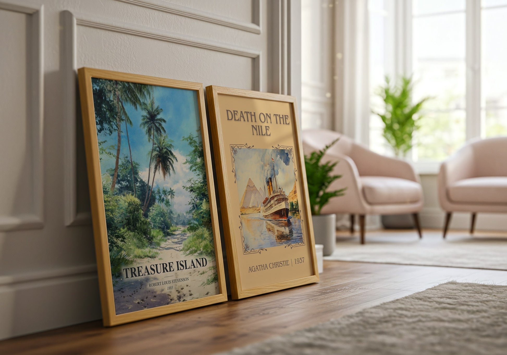 Treasure Island watercolour print framed by window – literary home decor