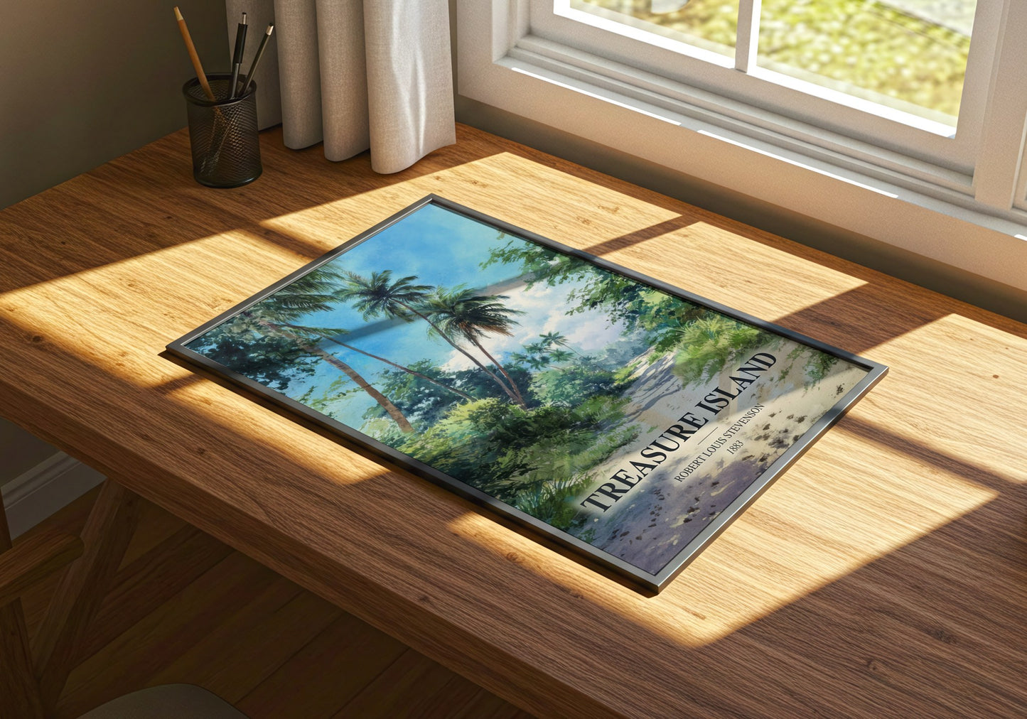 Treasure Island watercolour book poster framed on wall – adventure wall art