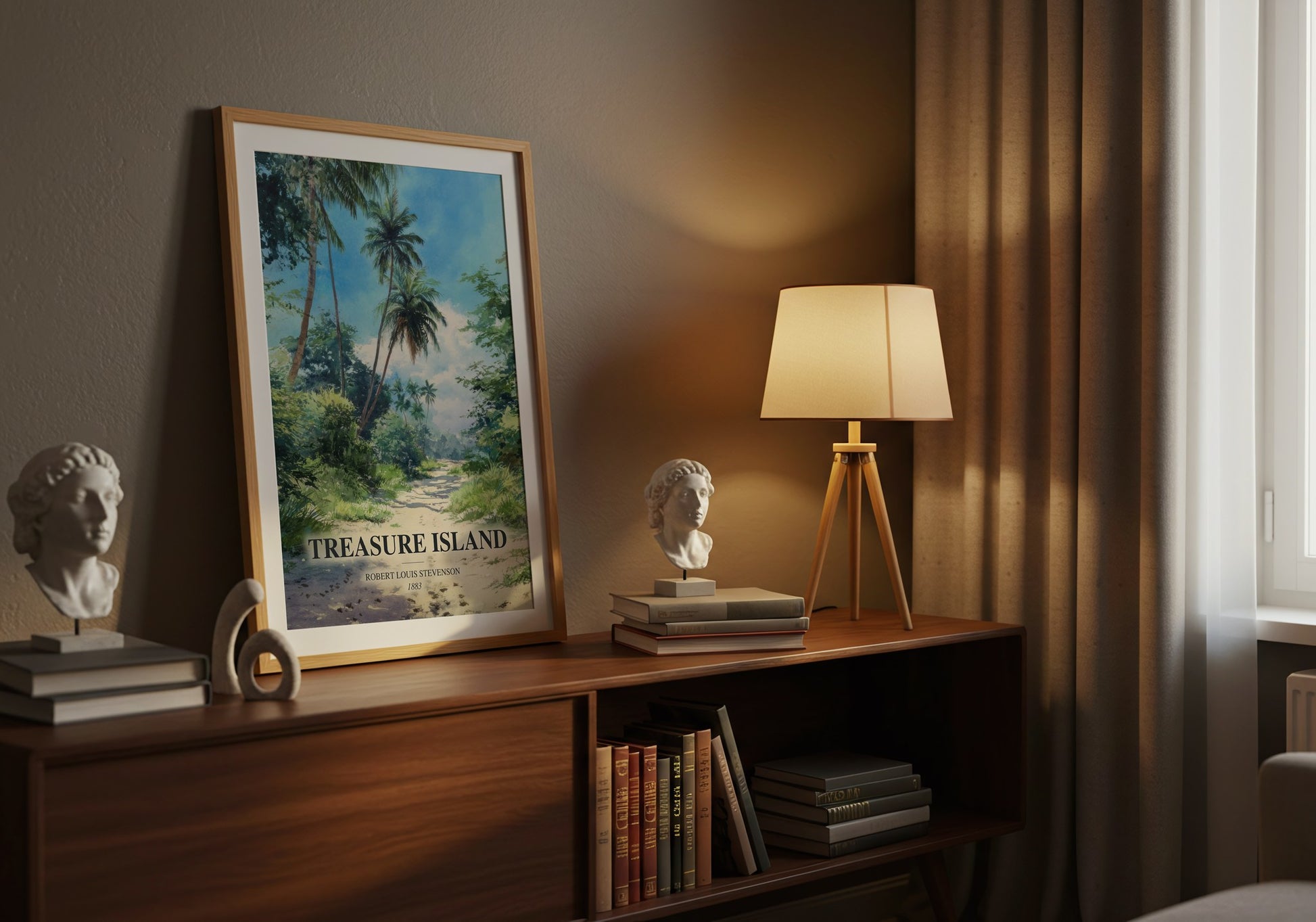 Treasure Island watercolour print on bookshelf – Robert Louis Stevenson fan gift