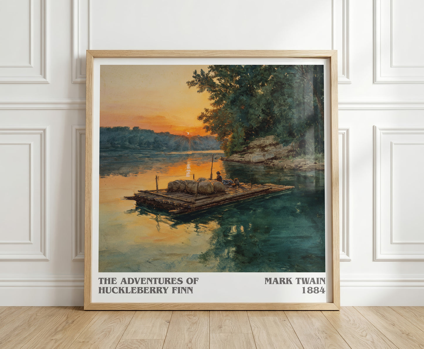 The Adventures of Huckleberry Finn literary print in frame leaning in hallway – adventure wall art