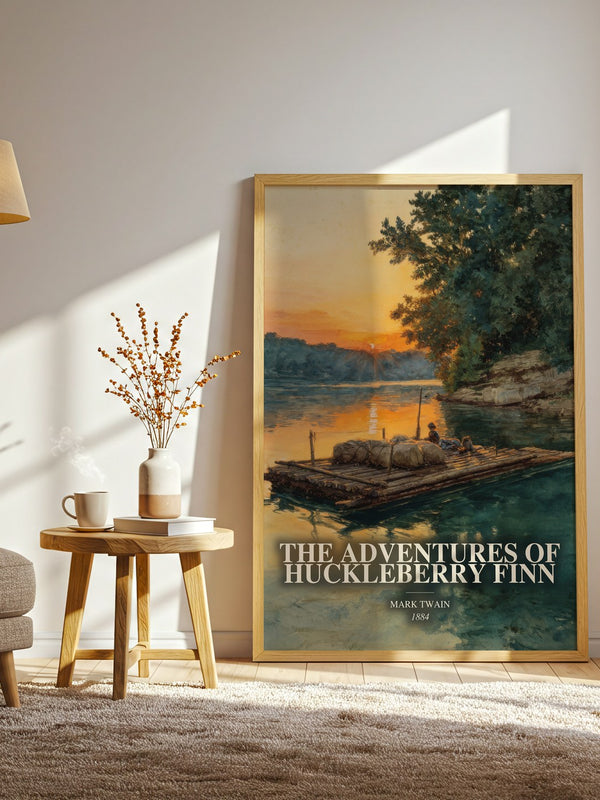 The Adventures Of Huckleberry Finn watercolour print in frame leaning in hallway – classic literature wall art