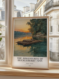 The Adventures of Huckleberry Finn Book Cover Poster by Mark Twain – framed print by a bright window