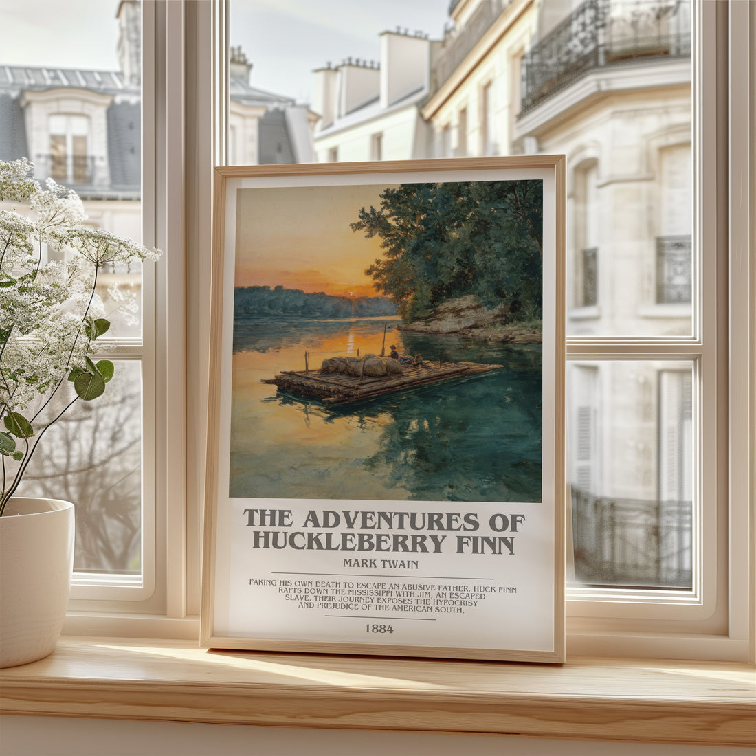 The Adventures of Huckleberry Finn Bookish Wall Art by Mark Twain – framed print by a bright window