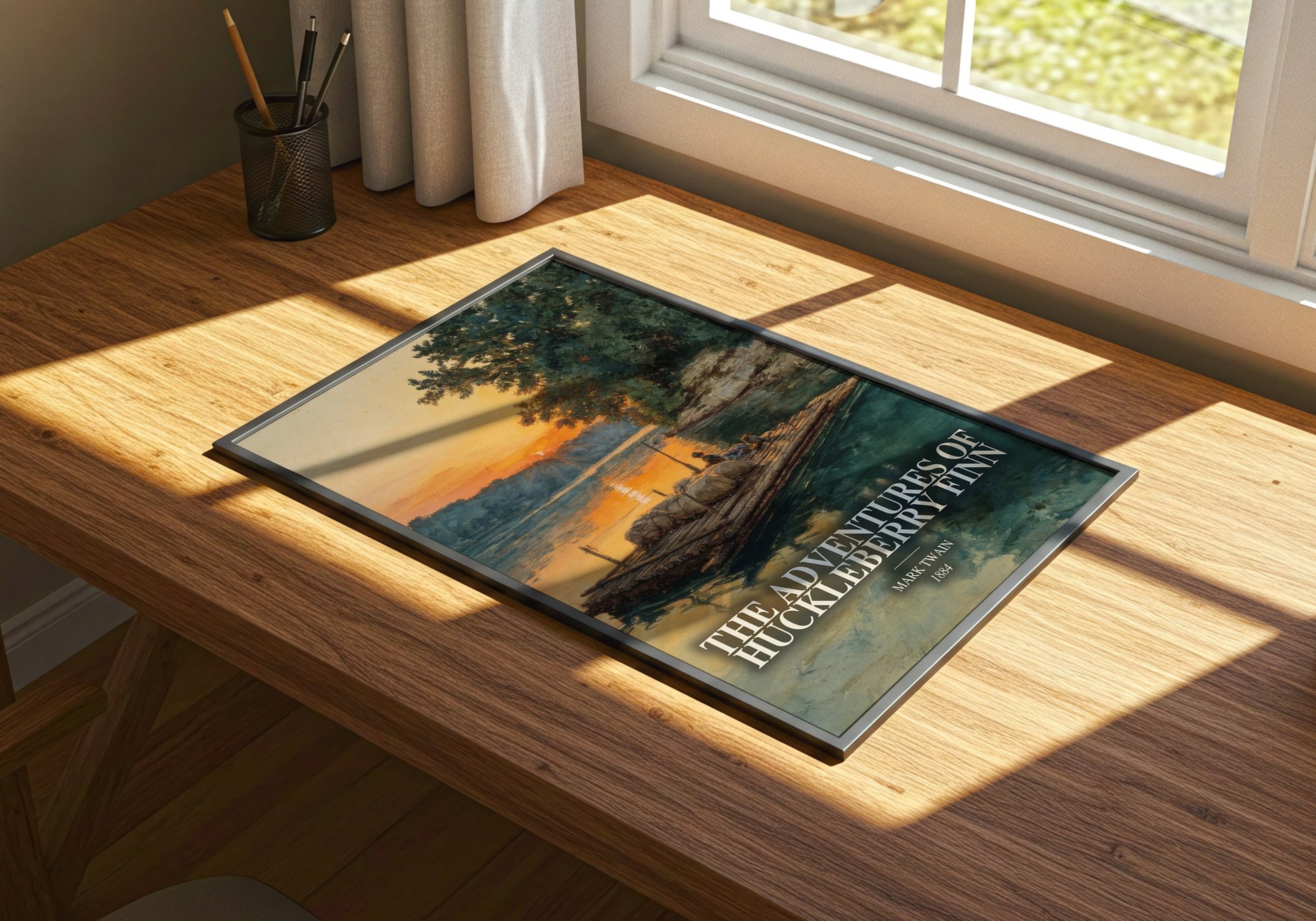The Adventures Of Huckleberry Finn watercolour book poster framed on wall – classic literature wall art