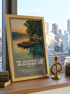The Adventures of Huckleberry Finn Bookish Wall Art by Mark Twain – framed print on a city-view windowsill