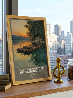 The Adventures of Huckleberry Finn Book Cover Poster by Mark Twain – framed print on a city-view windowsill