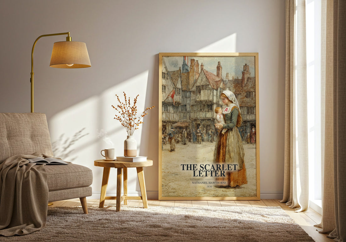 The Scarlet Letter watercolour print in frame leaning in hallway – classic literature wall art (mockup)