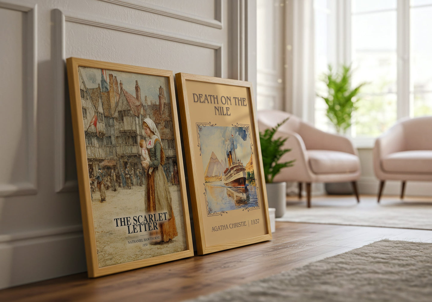 The Scarlet Letter watercolour print framed by window – literary home decor
