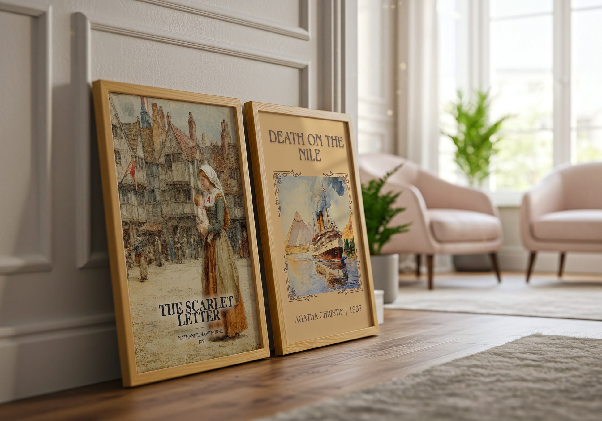 The Scarlet Letter watercolour print framed by window – literary home decor