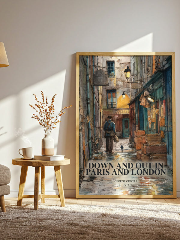 Down And Out In Paris And London watercolour print in frame leaning in hallway – memoir wall art