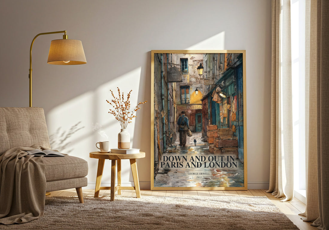 Down And Out In Paris And London watercolour print in frame leaning in hallway – memoir wall art (mockup)