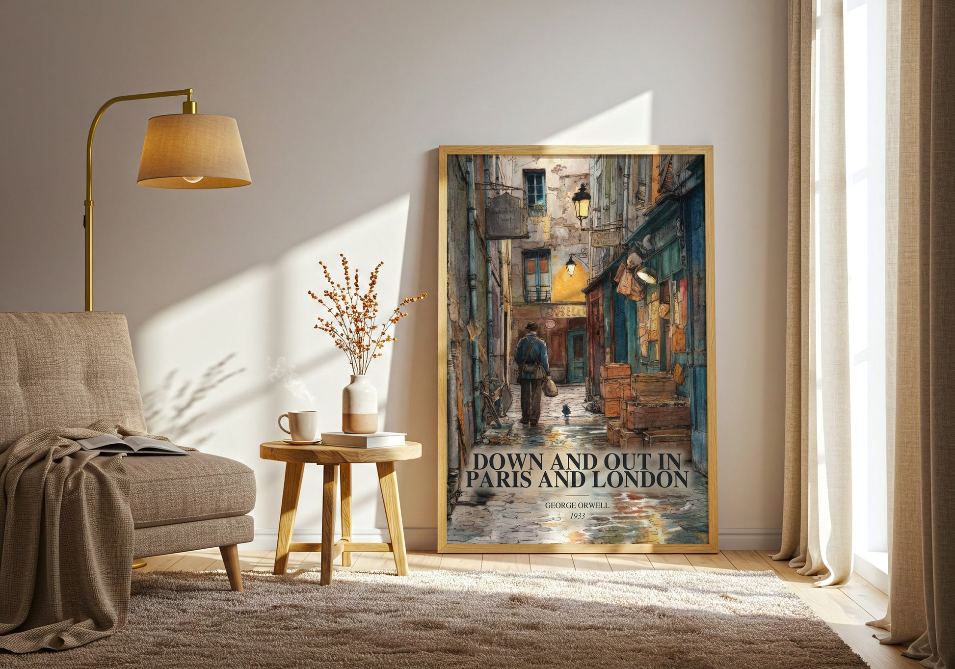 Down And Out In Paris And London watercolour print in frame leaning in hallway – memoir wall art