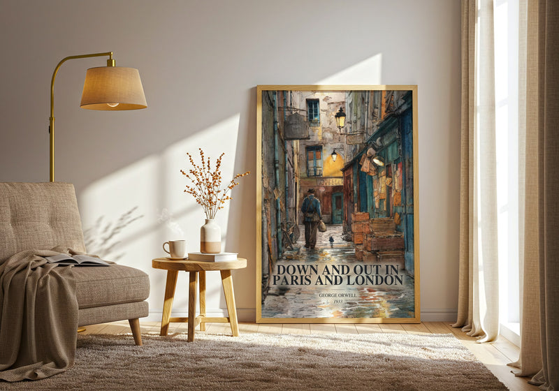 Down And Out In Paris And London watercolour print in frame leaning in hallway – memoir wall art