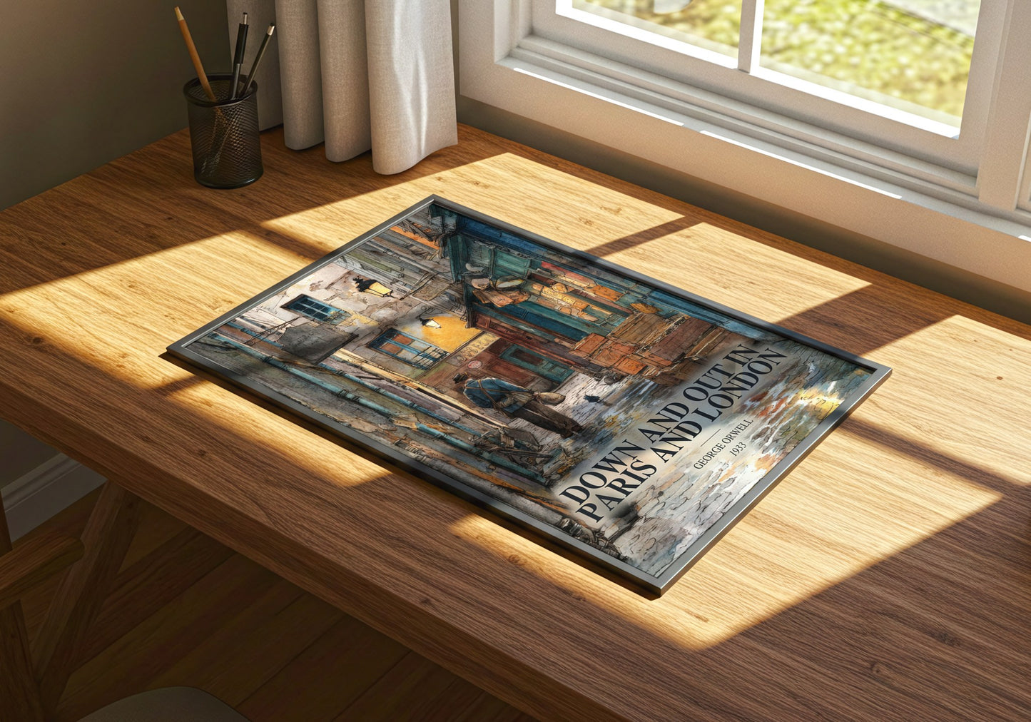 Down And Out In Paris And London watercolour book poster framed on wall – memoir wall art