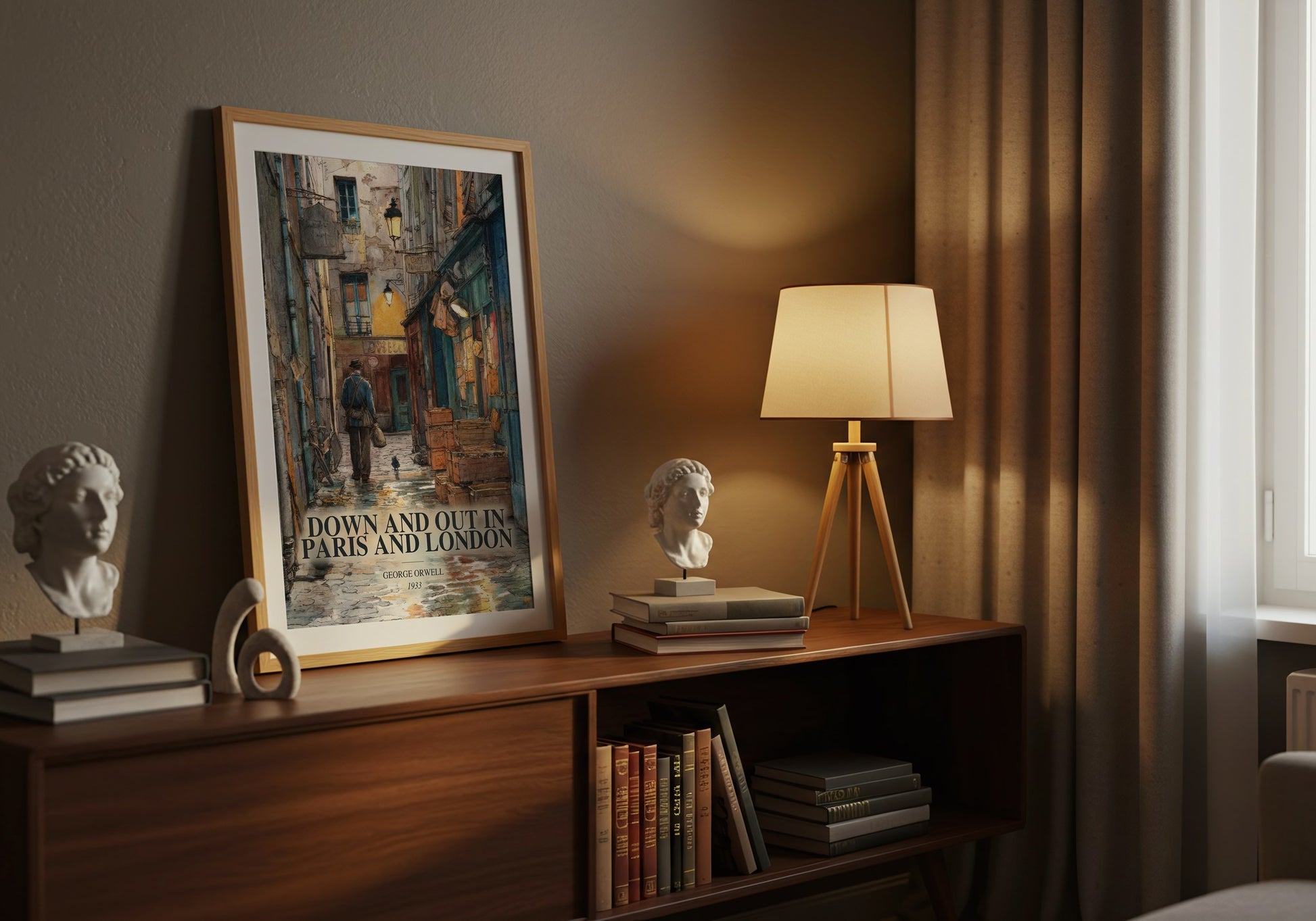 Down And Out In Paris And London watercolour print on bookshelf – George Orwell fan gift