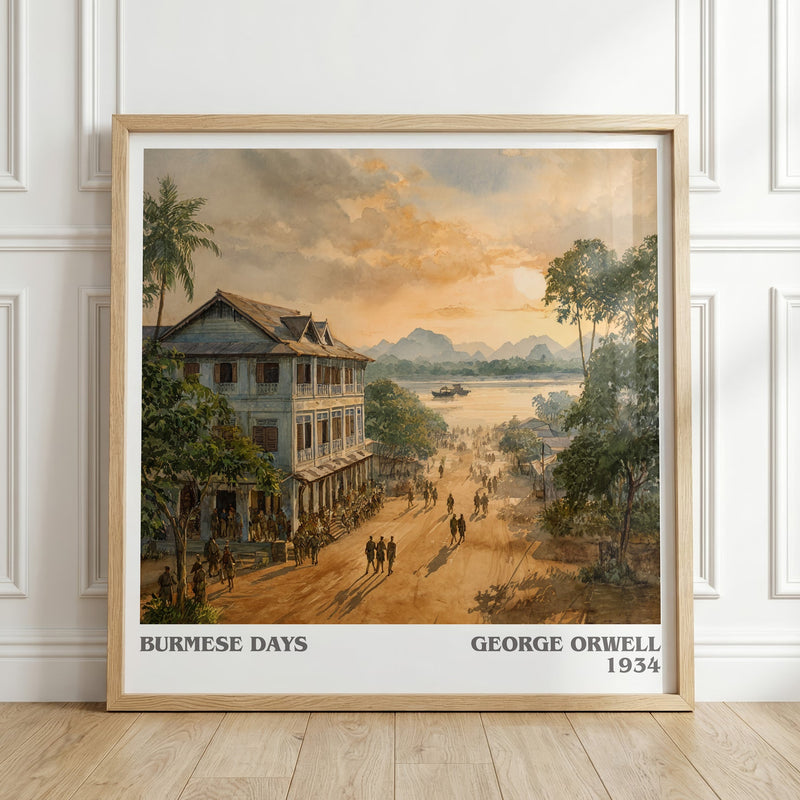 Burmese Days literary print in frame leaning in hallway – memoir wall art