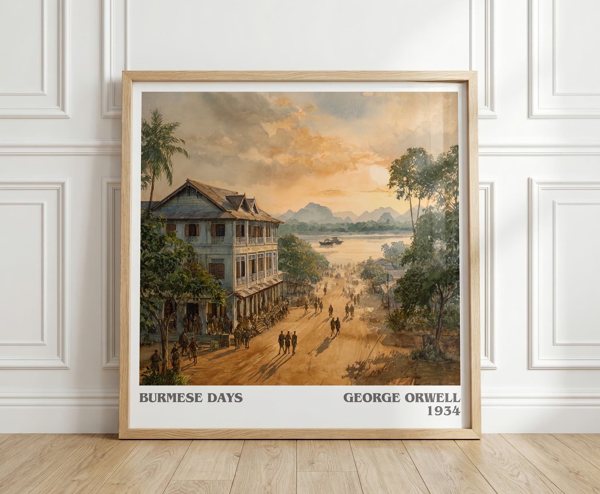 Burmese Days literary print in frame leaning in hallway – memoir wall art