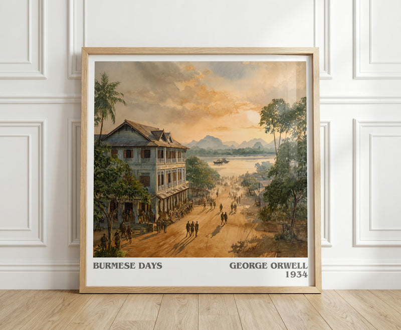 Burmese Days literary print in frame leaning in hallway – memoir wall art