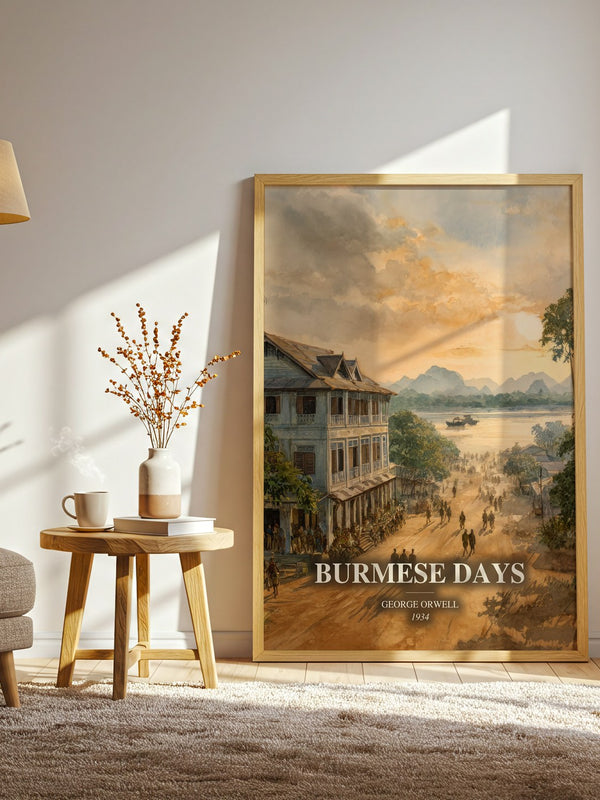 Burmese Days watercolour print in frame leaning in hallway – literary fiction wall art
