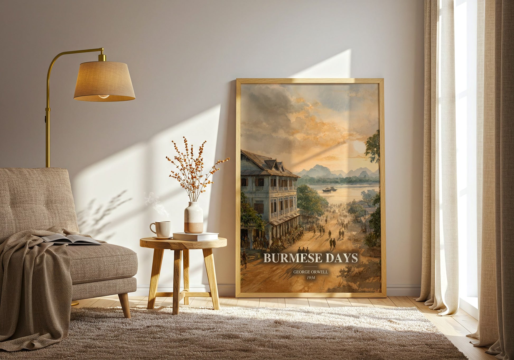 Burmese Days watercolour print in frame leaning in hallway – literary fiction wall art