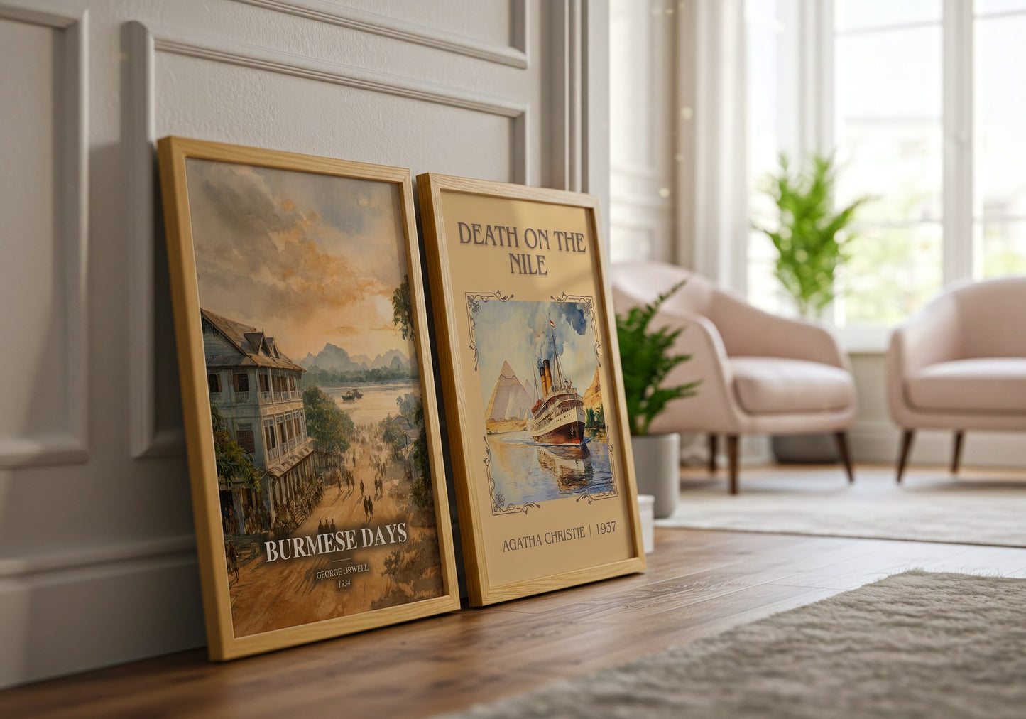 Burmese Days watercolour print framed by window – literary home decor