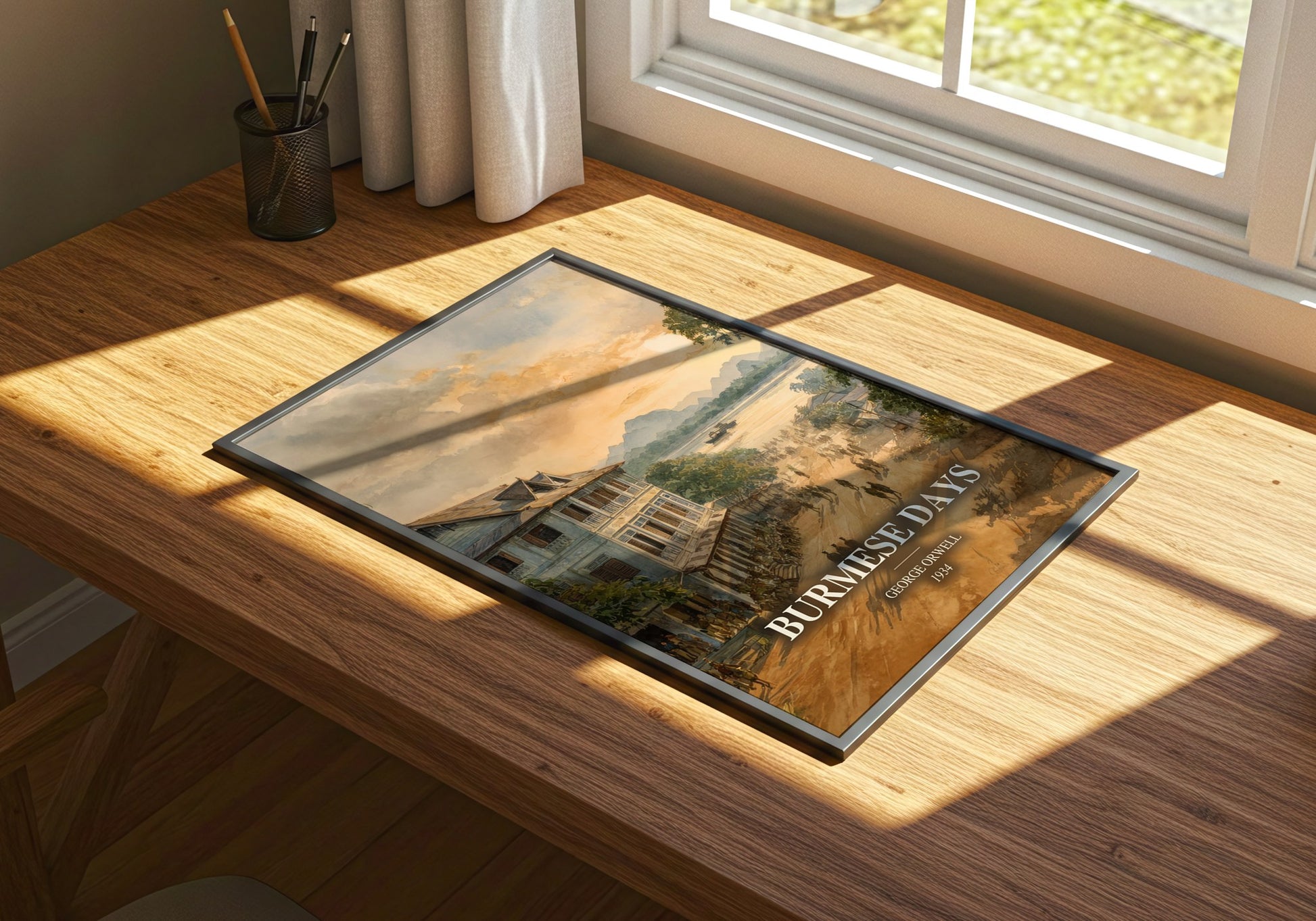 Burmese Days watercolour book poster framed on wall – literary fiction wall art
