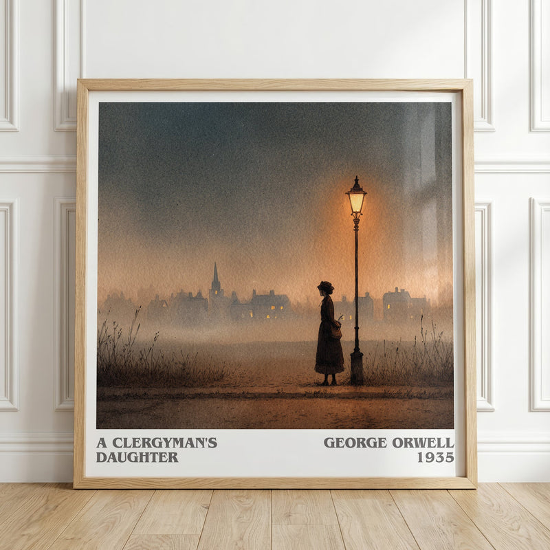 A Clergyman's Daughter literary print in frame leaning in hallway – historical fiction wall art