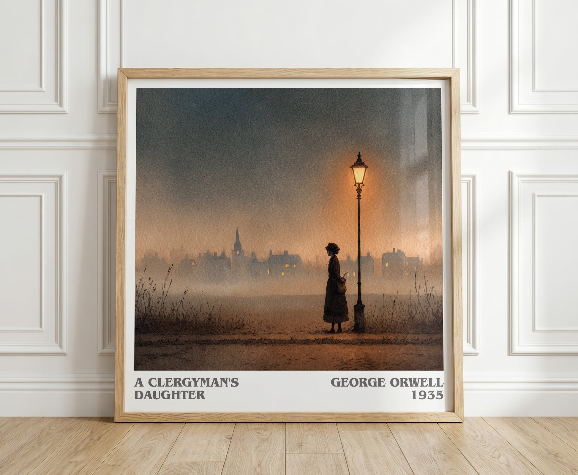 A Clergyman's Daughter literary print in frame leaning in hallway – historical fiction wall art