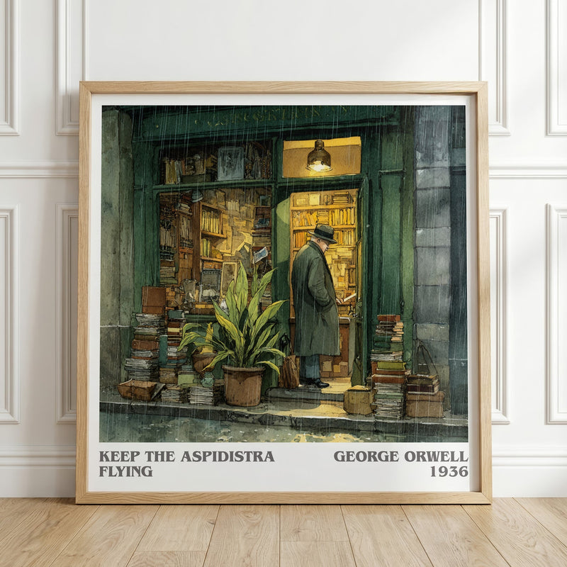 Keep the Aspidistra Flying literary print in frame leaning in hallway – classic literature wall art