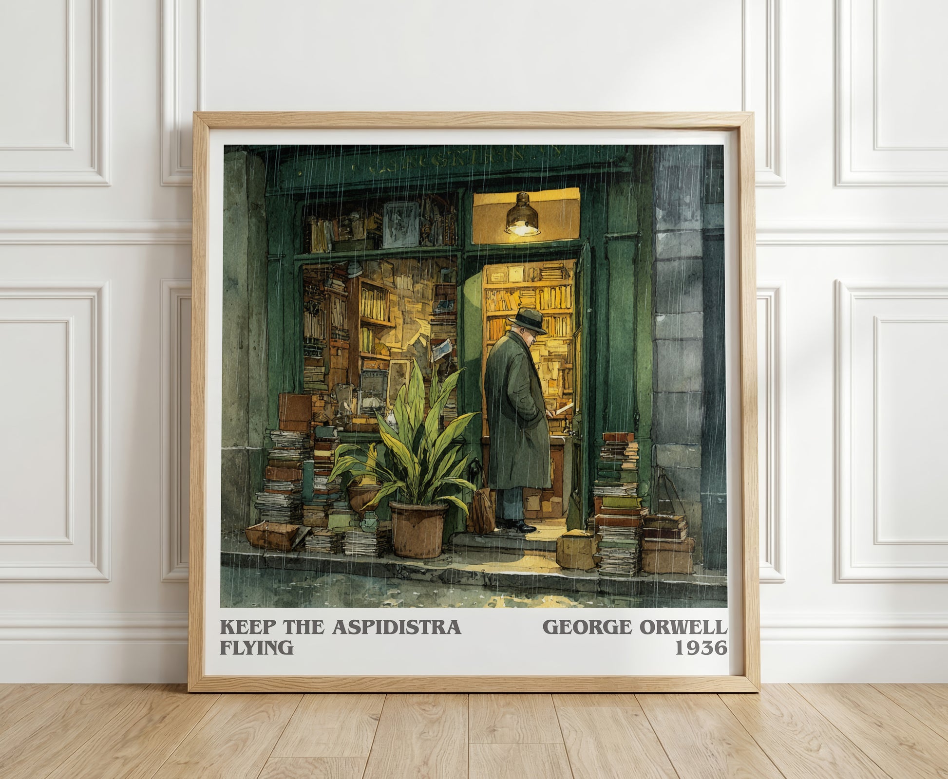 Keep the Aspidistra Flying literary print in frame leaning in hallway – classic literature wall art