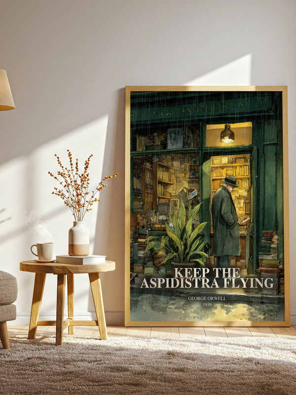 Keep The Aspidistra Flying watercolour print in frame leaning in hallway – literary fiction wall art