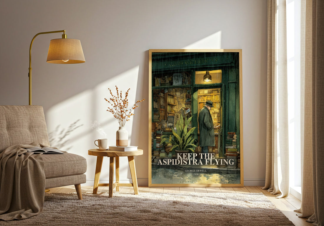 Keep The Aspidistra Flying watercolour print in frame leaning in hallway – literary fiction wall art (mockup)