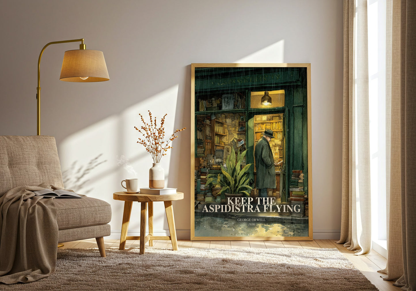 Keep The Aspidistra Flying watercolour print in frame leaning in hallway – literary fiction wall art
