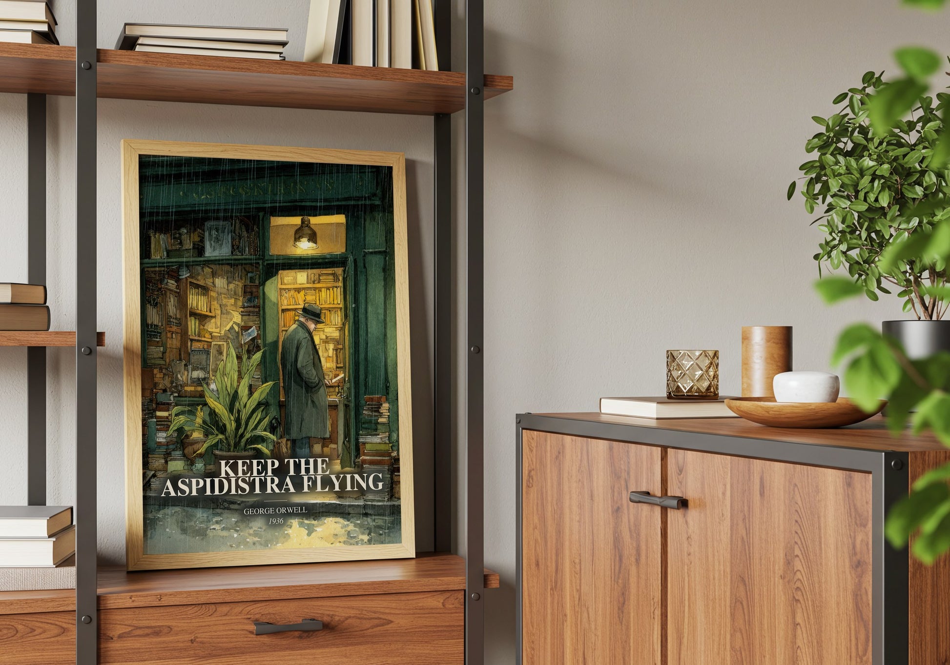Keep The Aspidistra Flying book watercolour illustration paper finish options – matte satin gloss