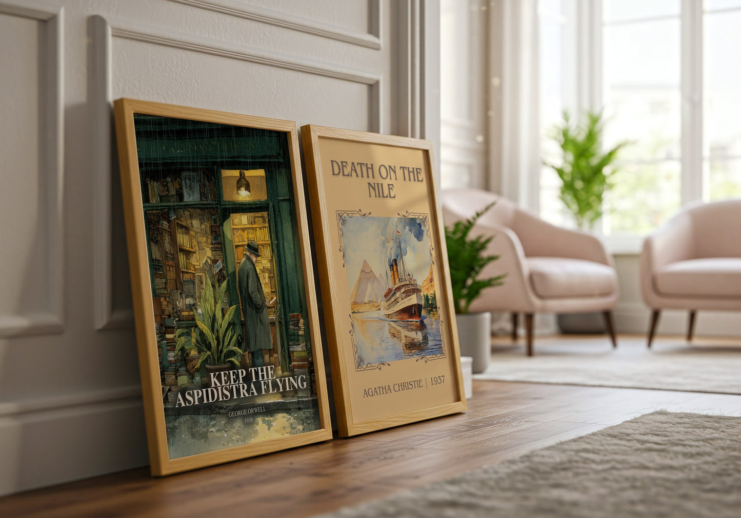Keep The Aspidistra Flying watercolour print framed by window – literary home decor