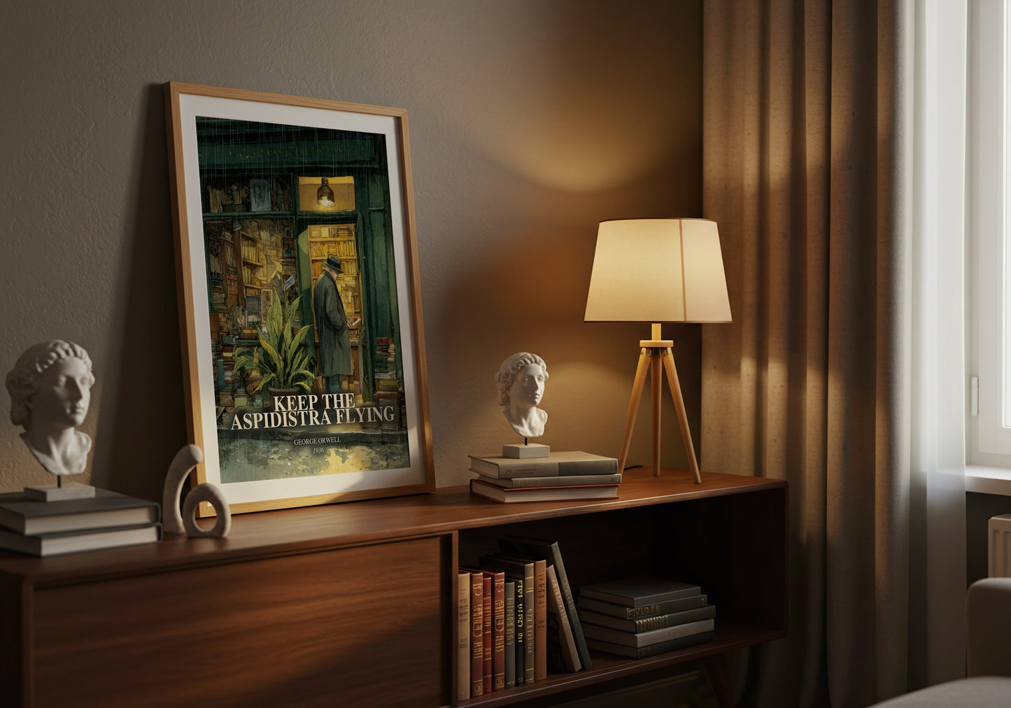 Keep The Aspidistra Flying watercolour print on bookshelf – George Orwell fan gift
