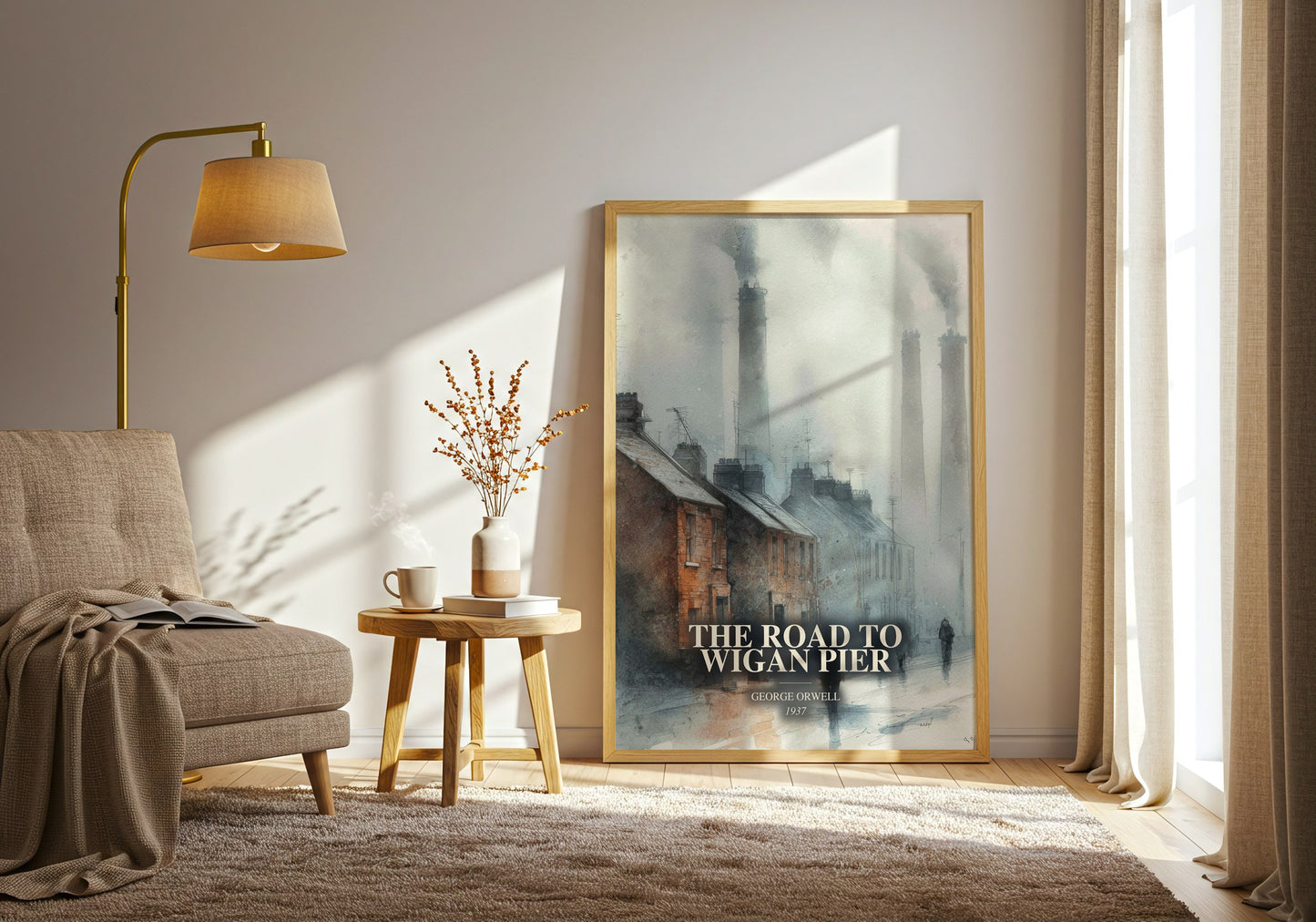 The Road To Wigan Pier watercolour print in frame leaning in hallway – non fiction wall art