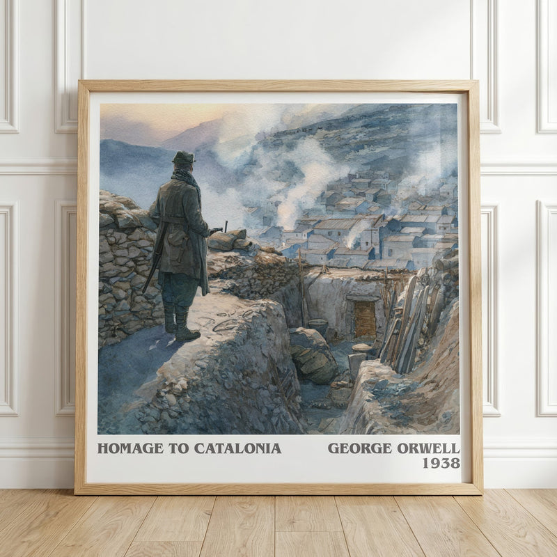 Homage to Catalonia literary print in frame leaning in hallway – non fiction wall art