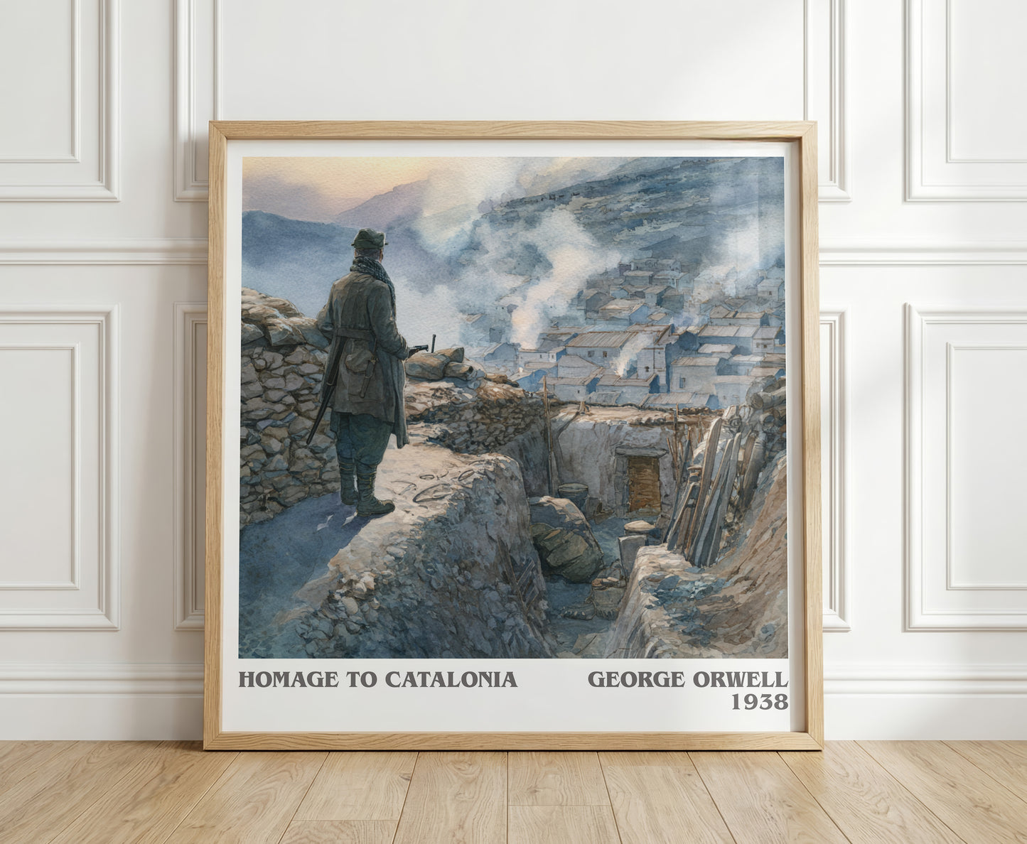 Homage to Catalonia literary print in frame leaning in hallway – non fiction wall art