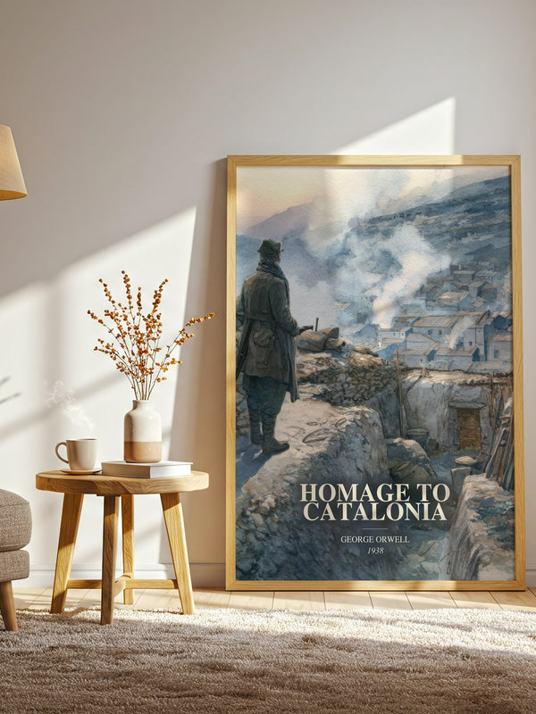 Homage To Catalonia watercolour print in frame leaning in hallway – memoir wall art