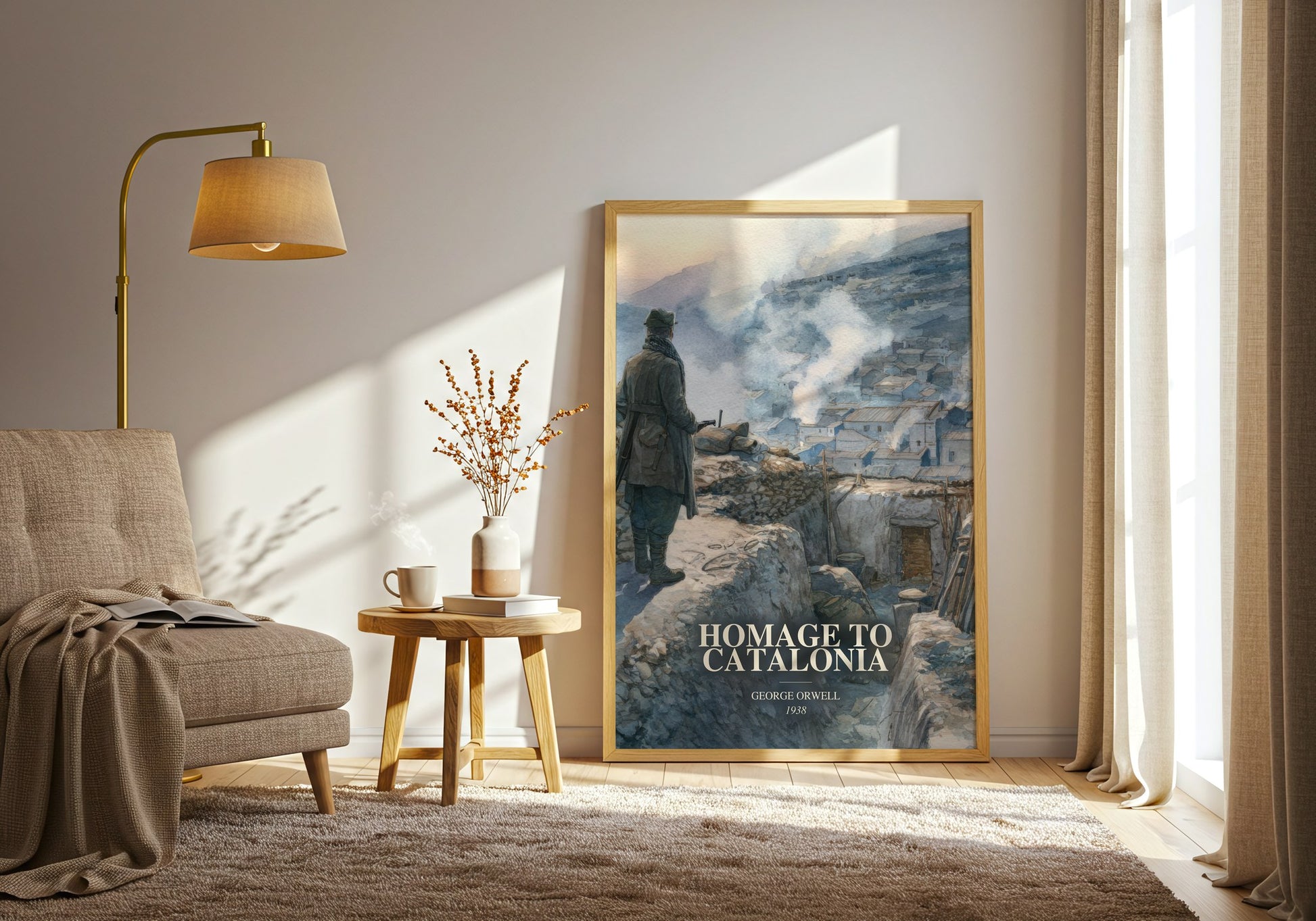 Homage To Catalonia watercolour print in frame leaning in hallway – memoir wall art
