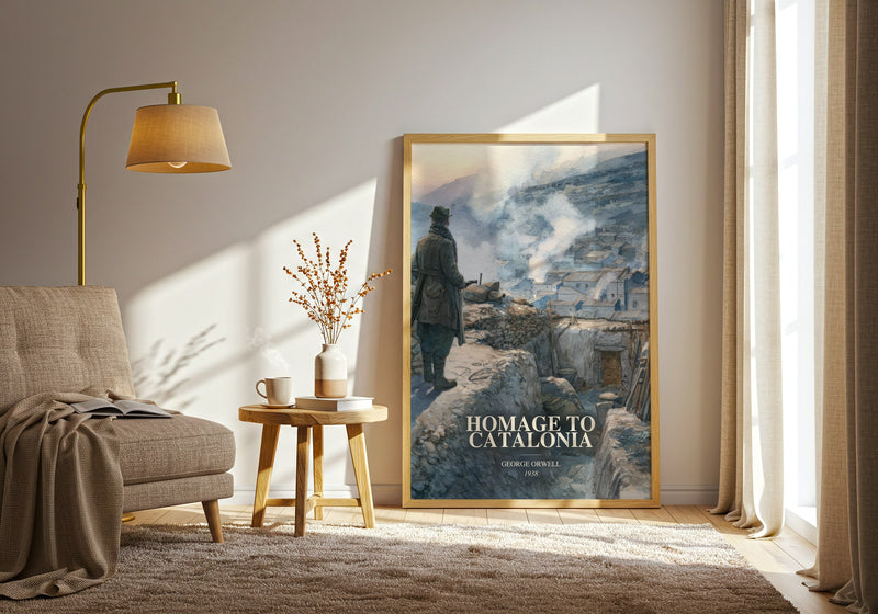 Homage To Catalonia watercolour print in frame leaning in hallway – memoir wall art