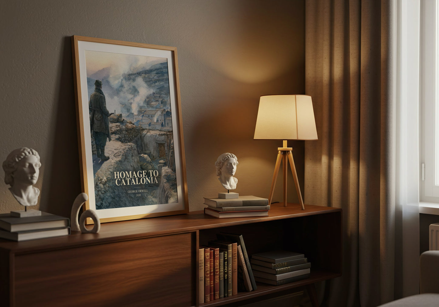 Homage To Catalonia watercolour print on bookshelf – George Orwell fan gift