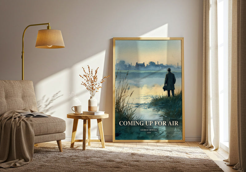 Coming Up For Air watercolour print in frame leaning in hallway – literary fiction wall art
