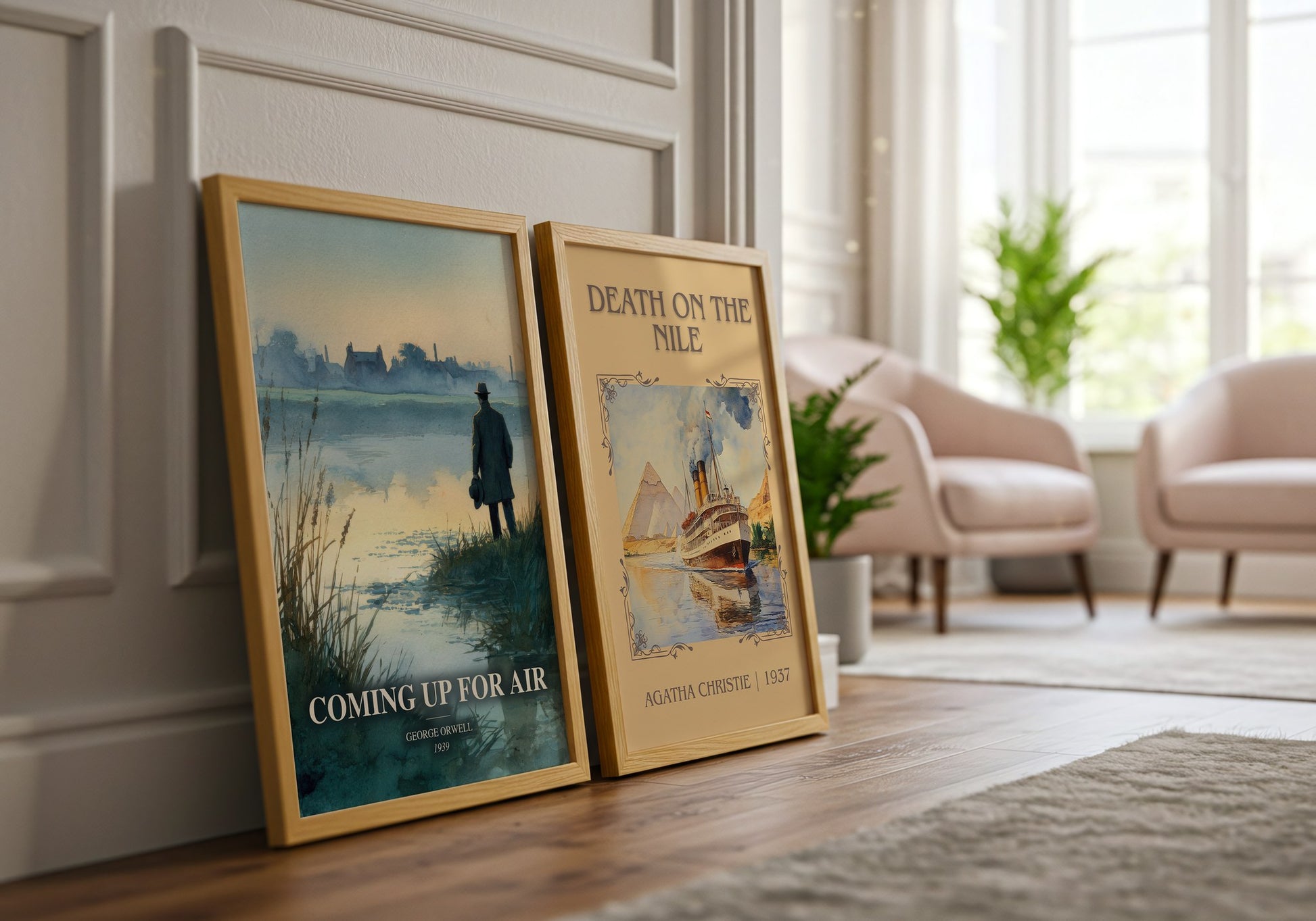 Coming Up For Air watercolour print framed by window – literary home decor