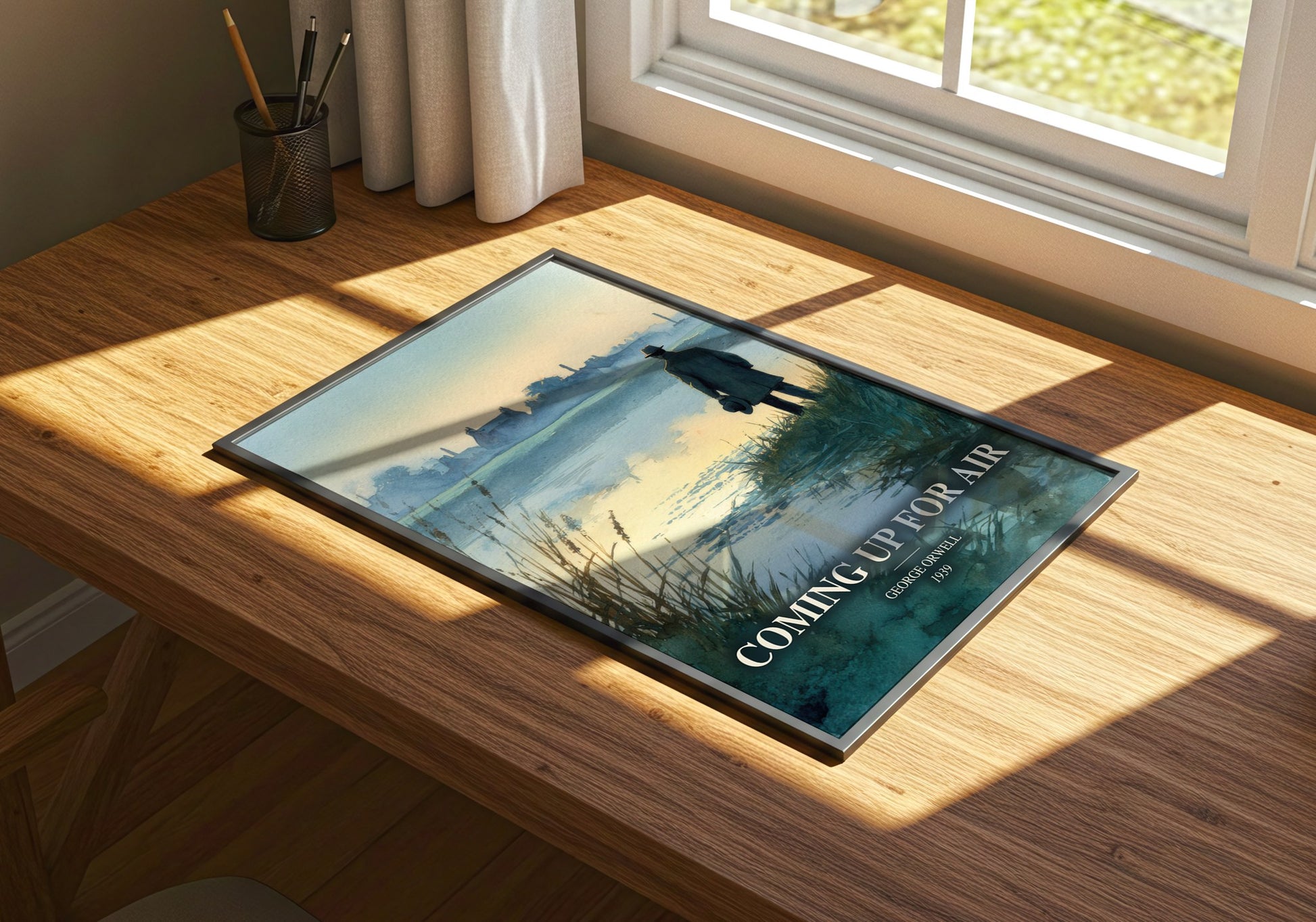 Coming Up For Air watercolour book poster framed on wall – literary fiction wall art