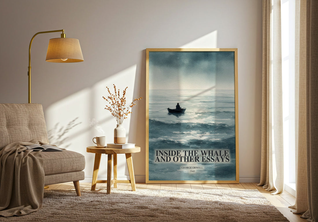 Inside The Whale And Other Essays watercolour print in frame leaning in hallway – non fiction wall art (mockup)