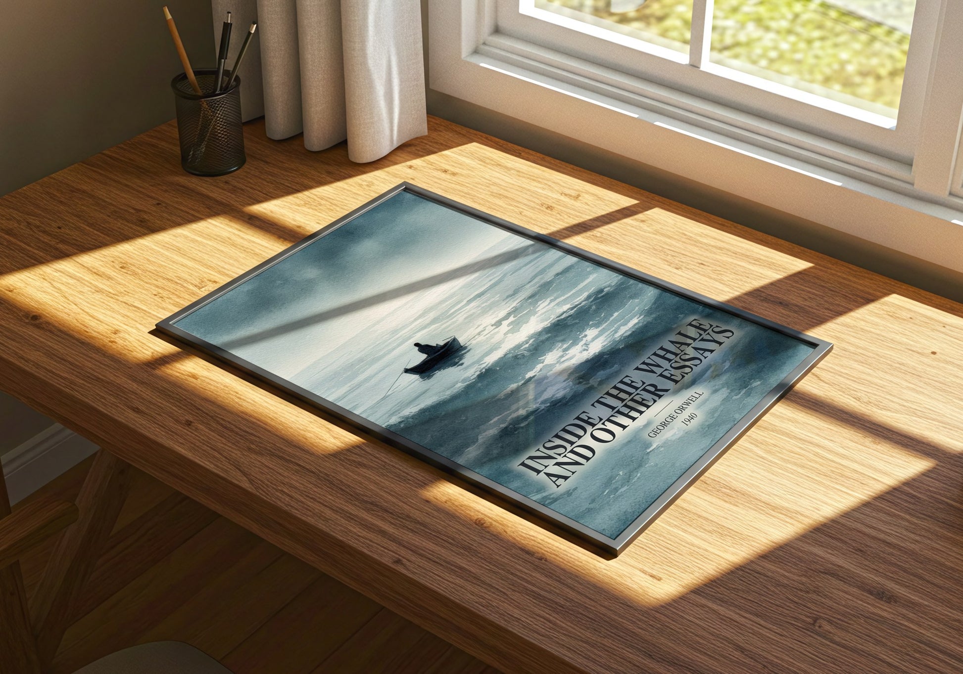 Inside The Whale And Other Essays watercolour book poster framed on wall – non fiction wall art
