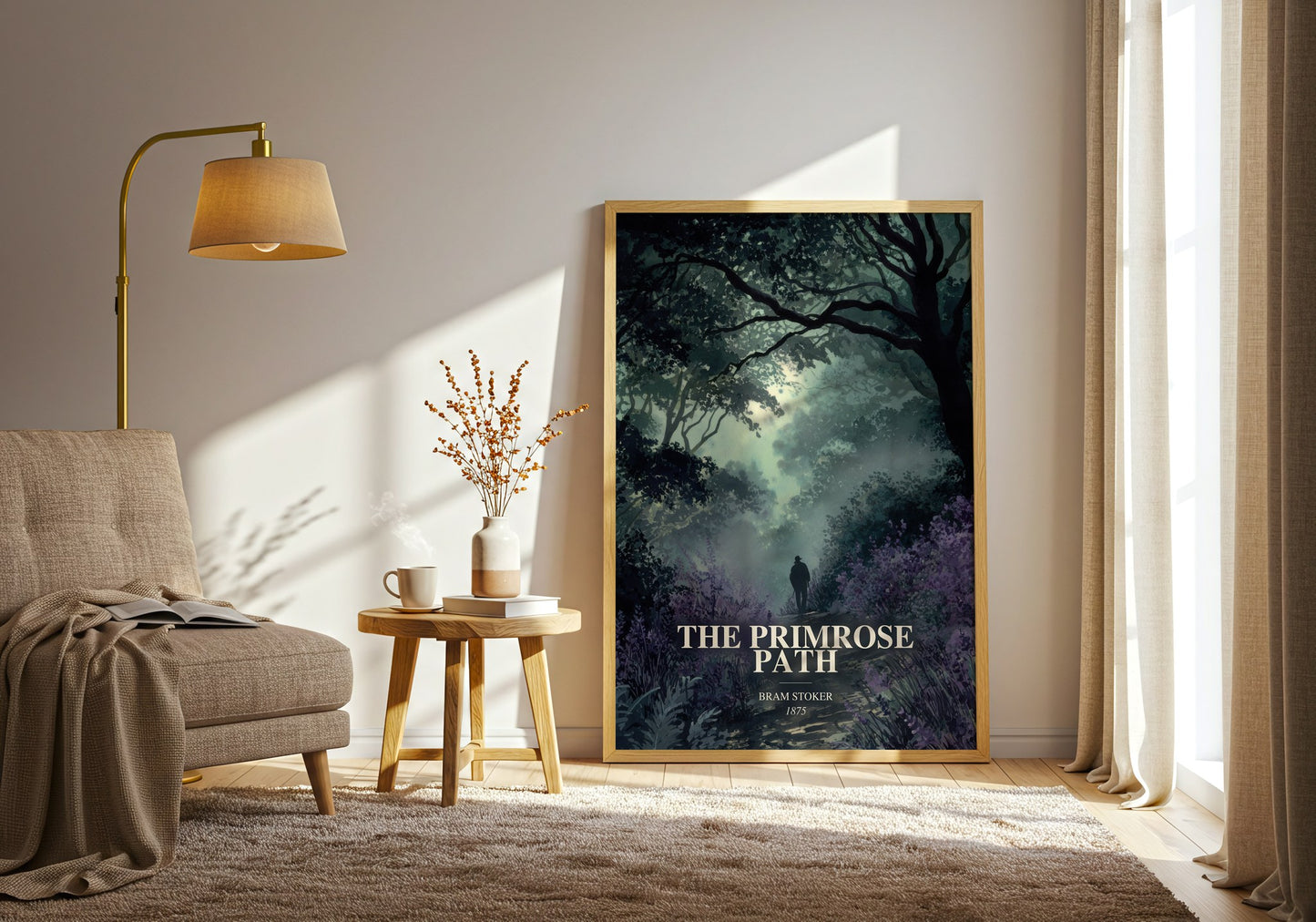 The Primrose Path watercolour print in frame leaning in hallway – gothic wall art