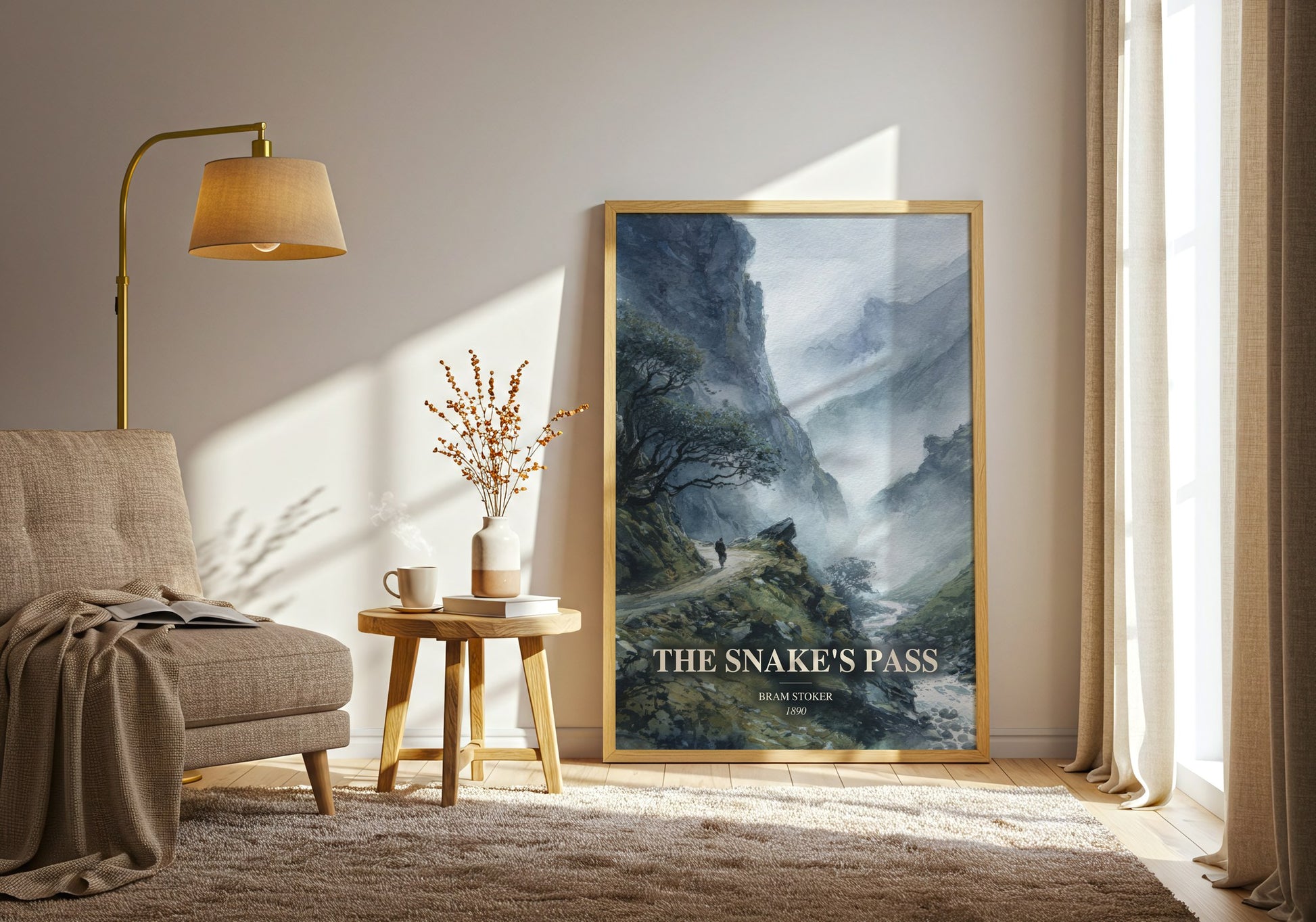 The Snake'S Pass watercolour print in frame leaning in hallway – gothic wall art